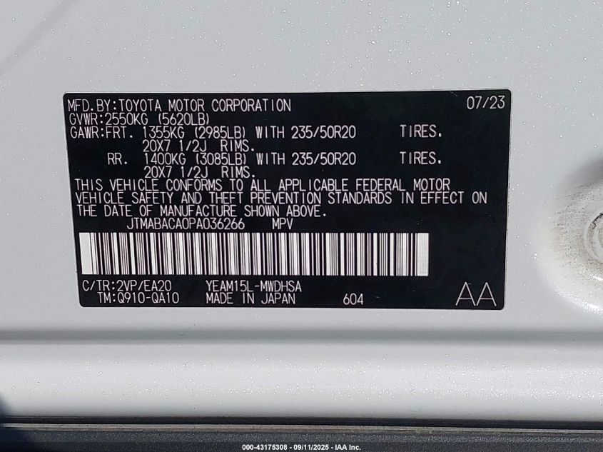 2023 Toyota Bz4X Limited VIN: JTMABACA0PA036266 Lot: 43175308