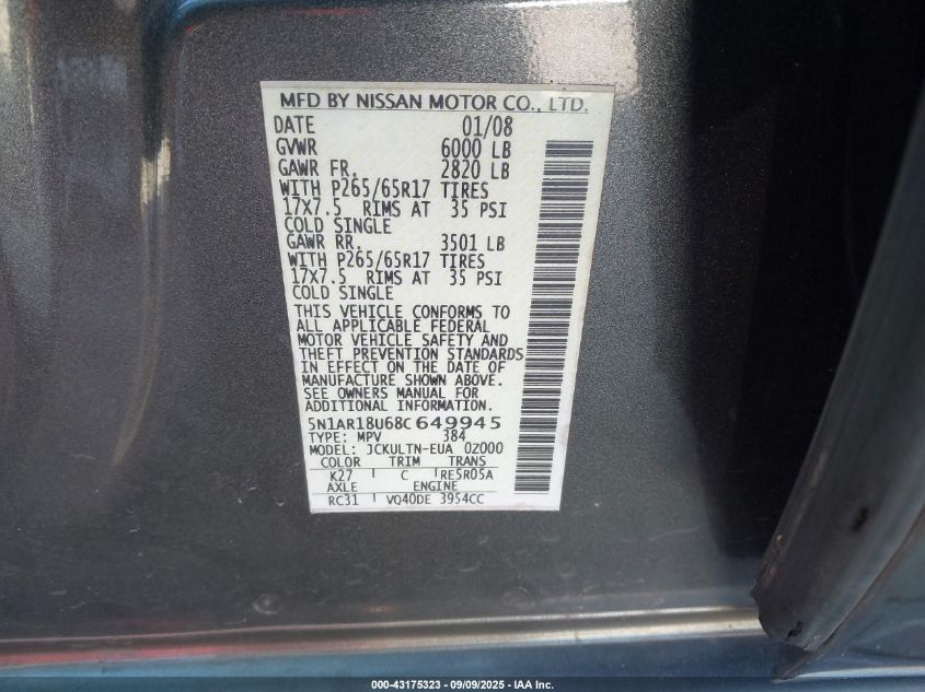 2008 Nissan Pathfinder Se VIN: 5N1AR18U68C649945 Lot: 43175323