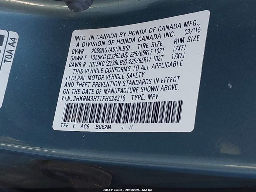 2015 Honda Cr-V Ex-L VIN: 2HKRM3H71FH524316 Lot: 43175338