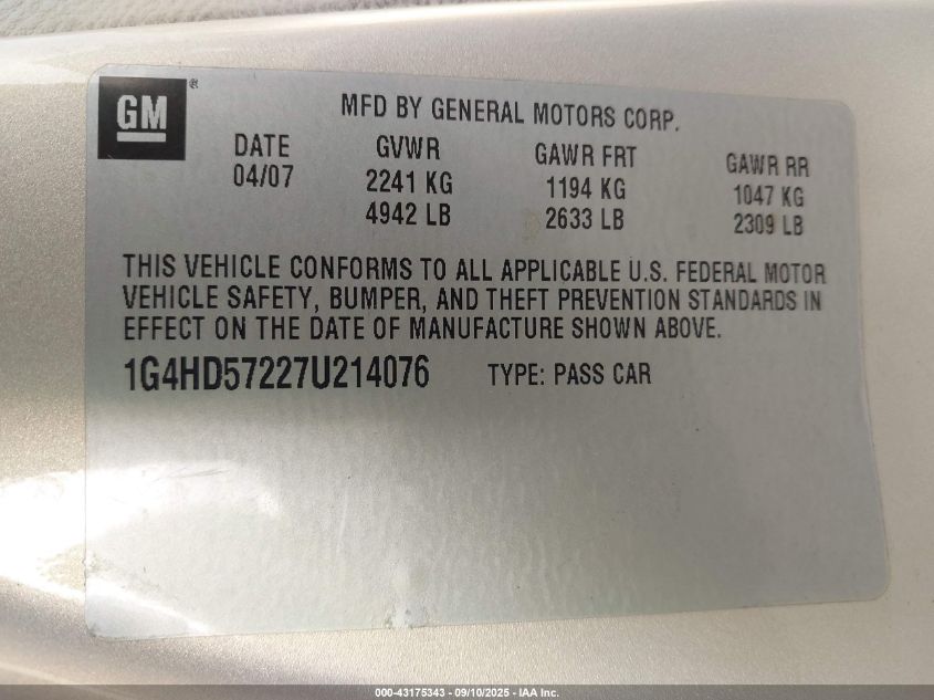 2007 Buick Lucerne Cxl VIN: 1G4HD57227U214076 Lot: 43175343