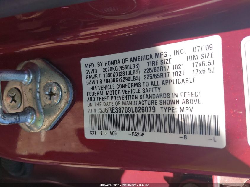 2009 Honda Cr-V Ex-L VIN: 5J6RE38709L026079 Lot: 43175393