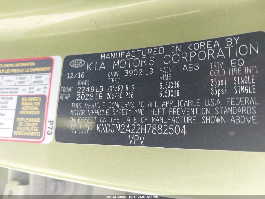 2017 Kia Soul VIN: KNDJN2A22H7882504 Lot: 43175402