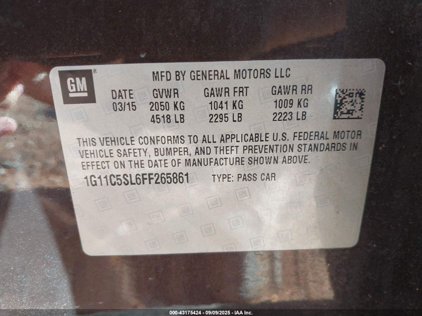 2015 Chevrolet Malibu 1Lt VIN: 1G11C5SL6FF265861 Lot: 43175424