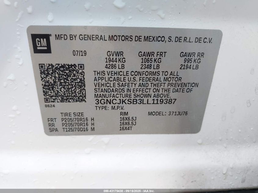 2020 Chevrolet Trax Fwd Ls VIN: 3GNCJKSB3LL119387 Lot: 43175438