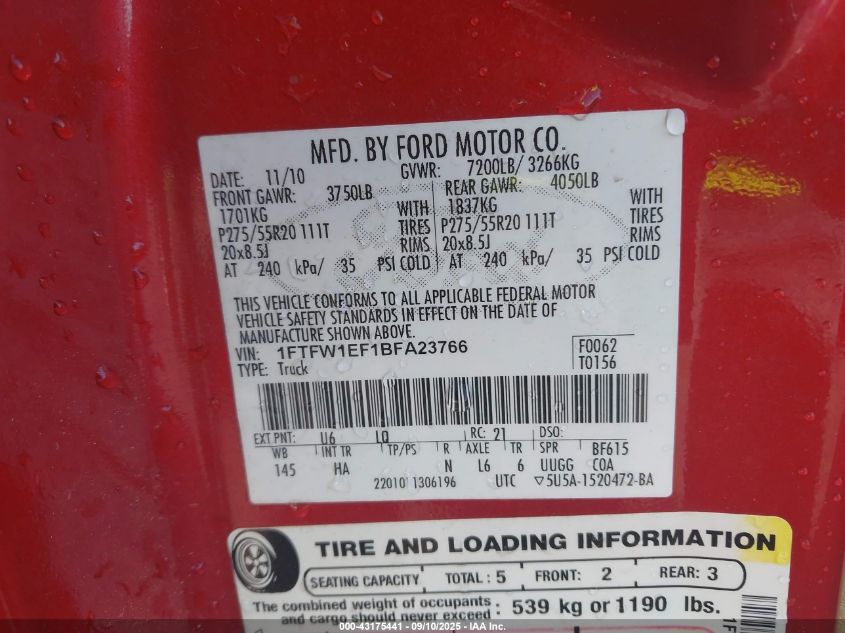 2011 Ford F-150 Lariat VIN: 1FTFW1EF1BFA23766 Lot: 43175441