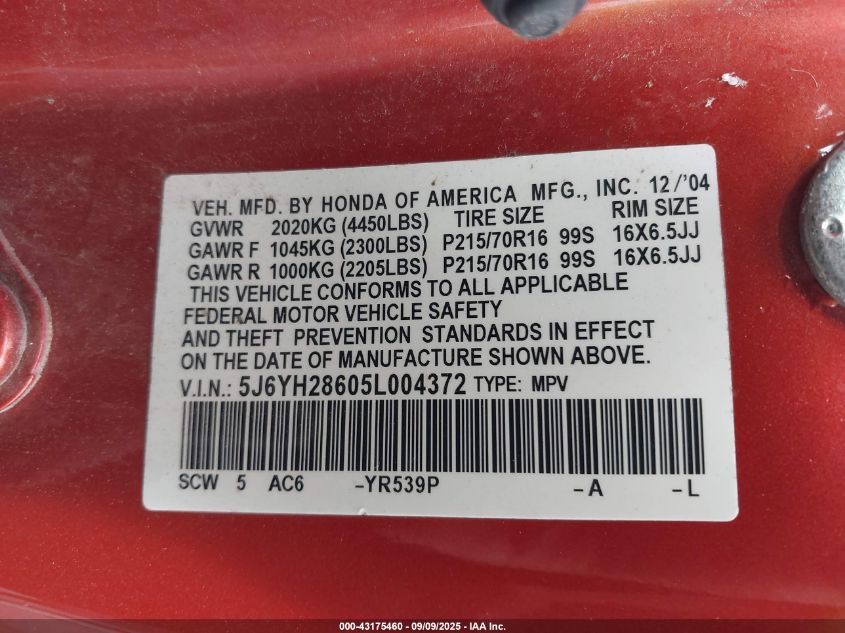 2005 Honda Element Ex VIN: 5J6YH28605L004372 Lot: 43175460