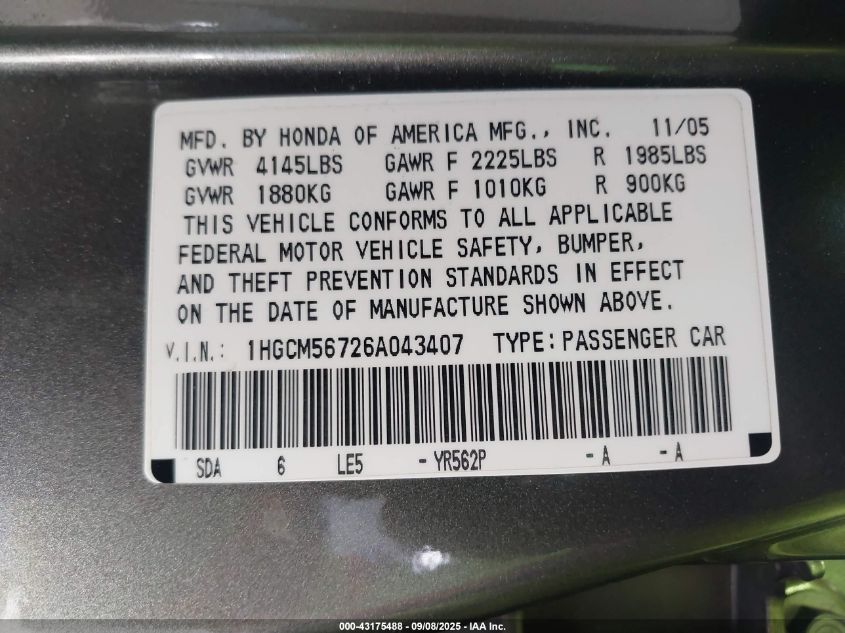 2006 Honda Accord 2.4 Ex VIN: 1HGCM56726A043407 Lot: 43175488