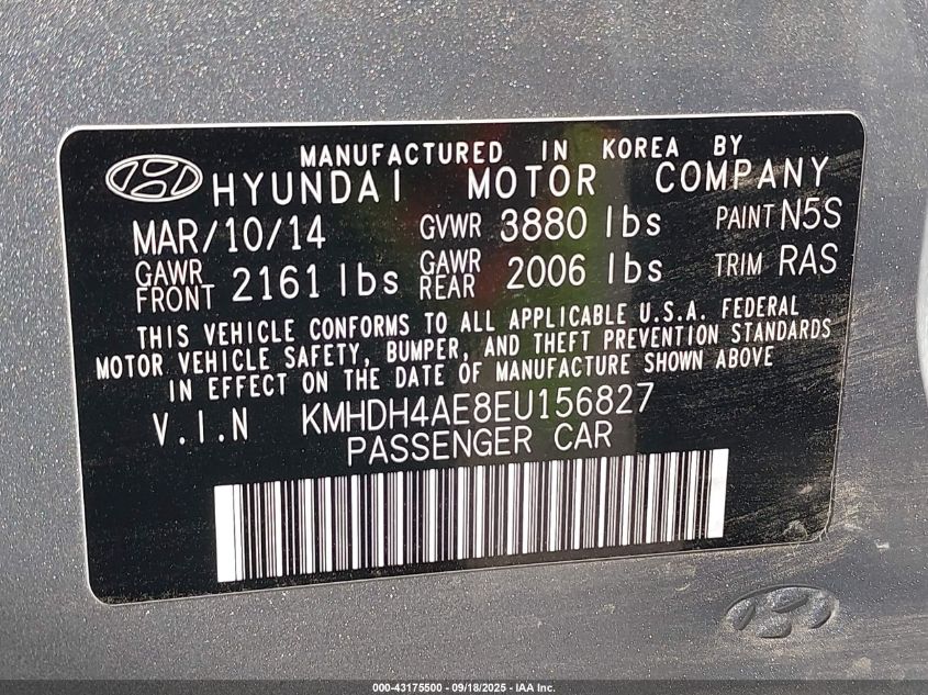 2014 Hyundai Elantra Se VIN: KMHDH4AE8EU156827 Lot: 43175500