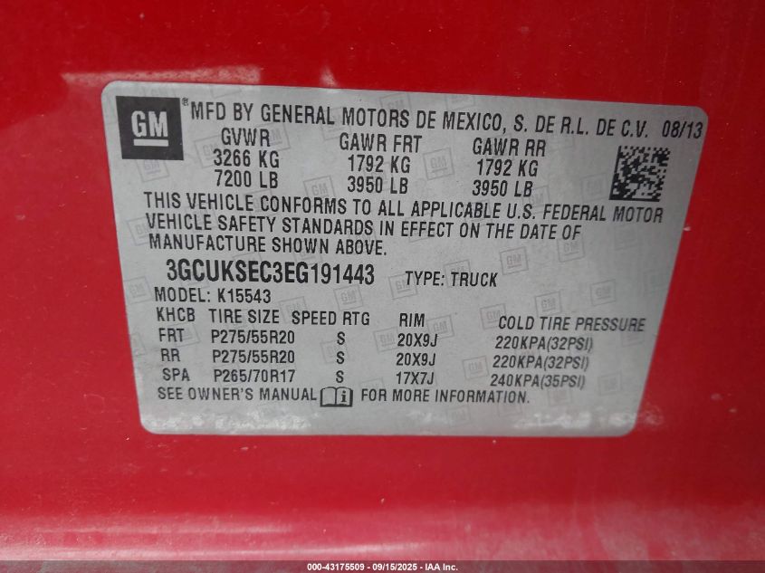 2014 Chevrolet Silverado 1500 2Lz VIN: 3GCUKSEC3EG191443 Lot: 43175509