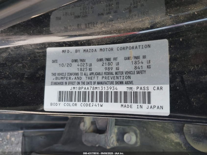 2021 Mazda Mazda3 2.0 VIN: JM1BPAA78M1313934 Lot: 43175516