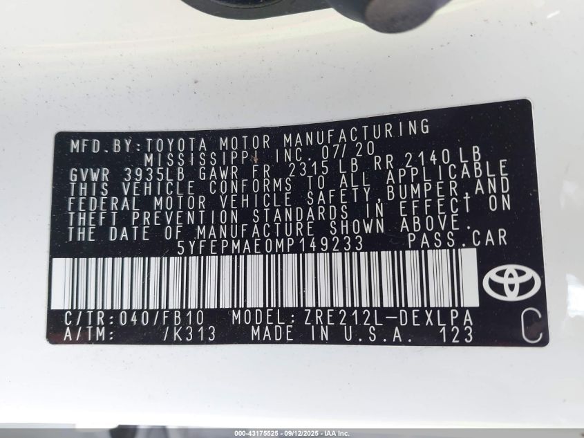 2021 Toyota Corolla Le VIN: 5YFEPMAE0MP149233 Lot: 43175525