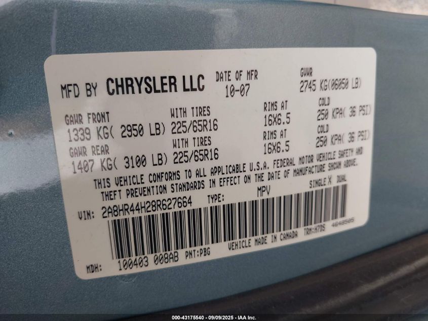 2008 Chrysler Town & Country Lx VIN: 2A8HR44H28R627664 Lot: 43175540