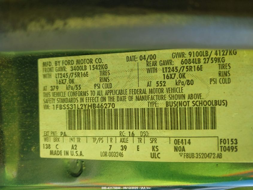 2000 Ford Econoline E350 Super Duty Wagon VIN: 1FBSS31L2YHB46270 Lot: 43175550