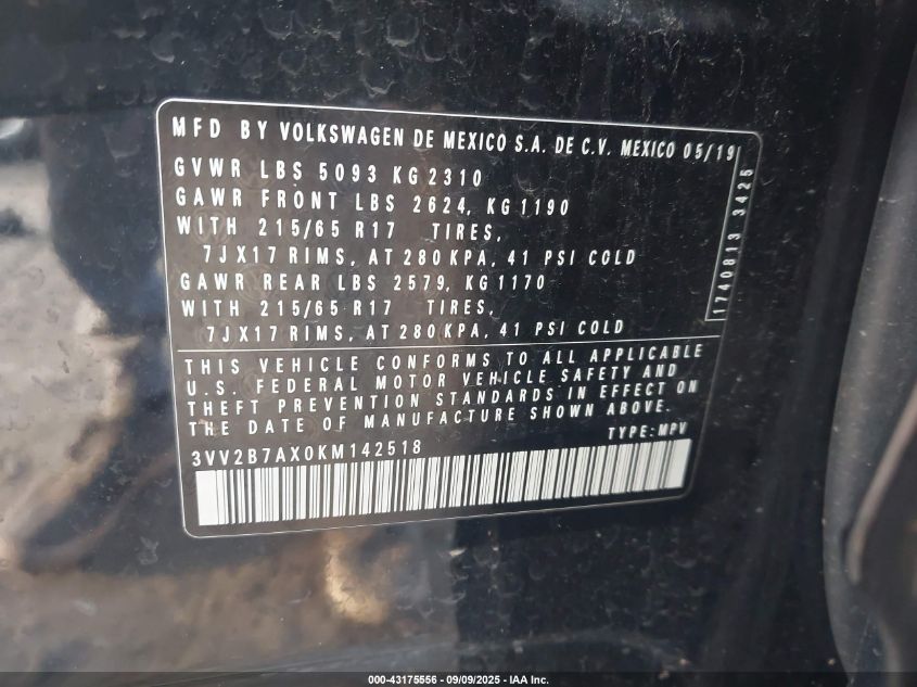 2019 Volkswagen Tiguan 2.0T Se/2.0T Sel/2.0T Sel R-Line/2.0T Sel R-Line Black VIN: 3VV2B7AX0KM142518 Lot: 43175556