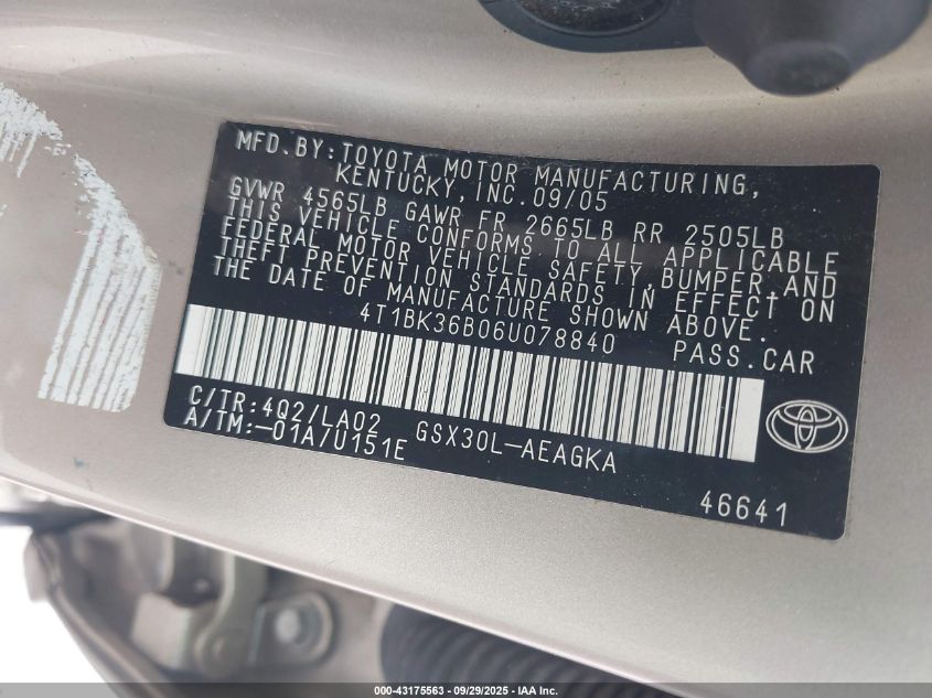 2006 Toyota Avalon Xls VIN: 4T1BK36B06U078840 Lot: 43175563