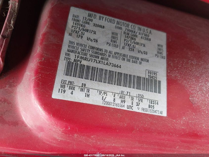 2001 Ford Expedition Eddie Bauer VIN: 1FMRU17LX1LA73664 Lot: 43175580