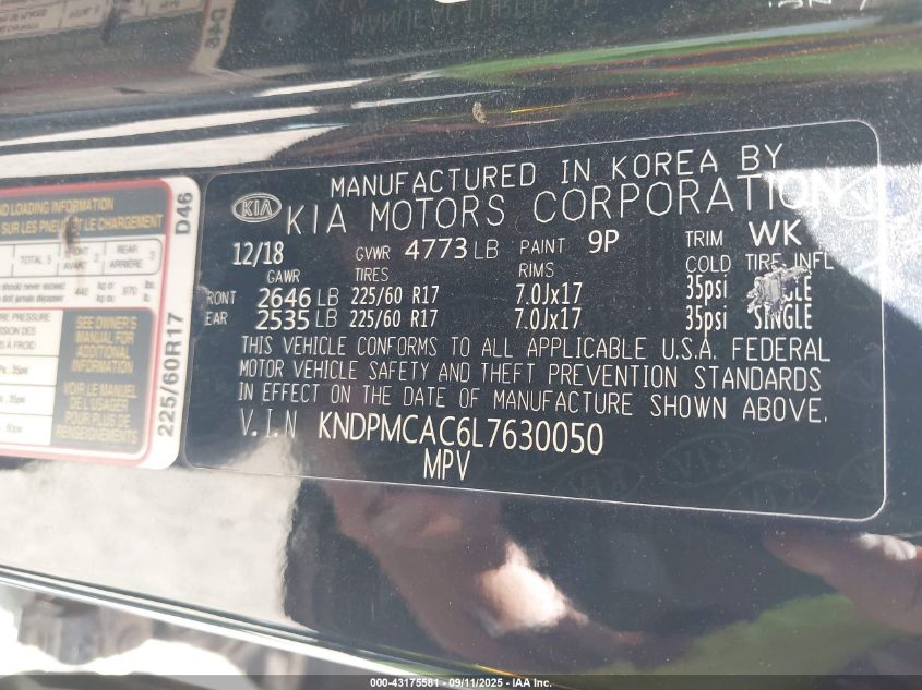 2020 Kia Sportage Lx VIN: KNDPMCAC6L7630050 Lot: 43175581