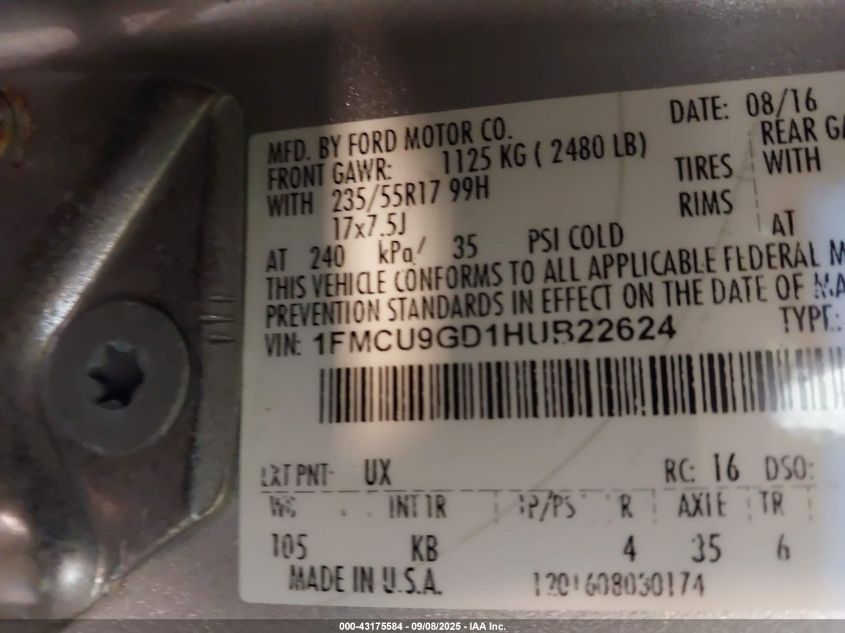 2017 Ford Escape Se VIN: 1FMCU9GD1HUB22624 Lot: 43175584