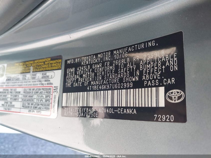 2007 Toyota Camry Le VIN: 4T1BE46K97U602999 Lot: 43175591