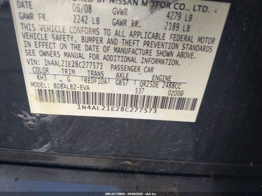 2008 Nissan Altima 2.5/2.5S VIN: 1N4AL21E28C277573 Lot: 43175605