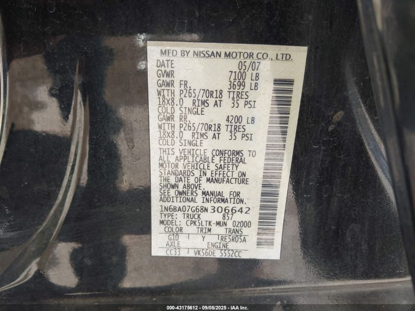 2008 Nissan Titan Se VIN: 1N6BA07G68N306642 Lot: 43175612