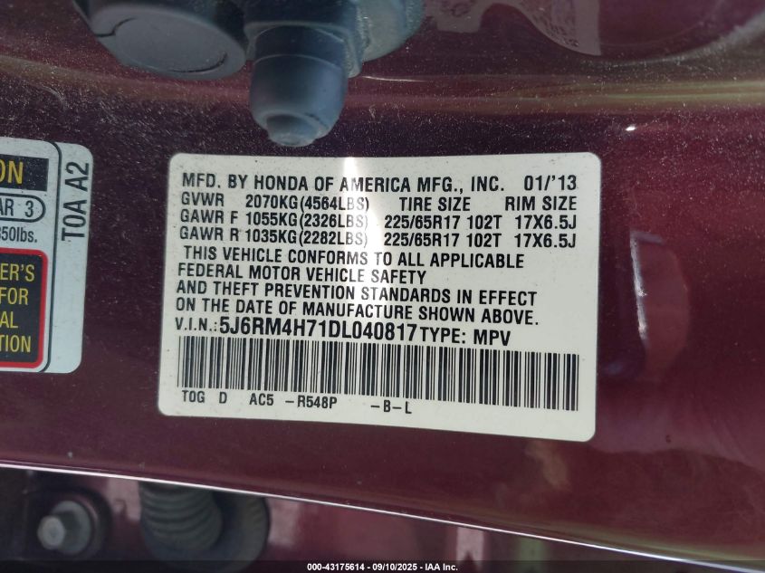 2013 Honda Cr-V Ex-L VIN: 5J6RM4H71DL040817 Lot: 43175614