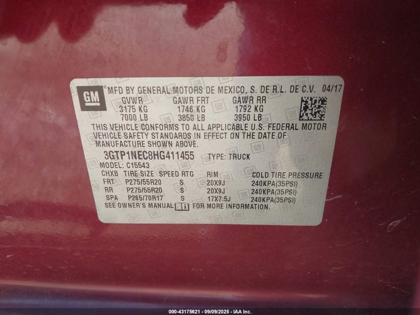 2017 GMC Sierra 1500 Slt VIN: 3GTP1NEC8HG411455 Lot: 43175621