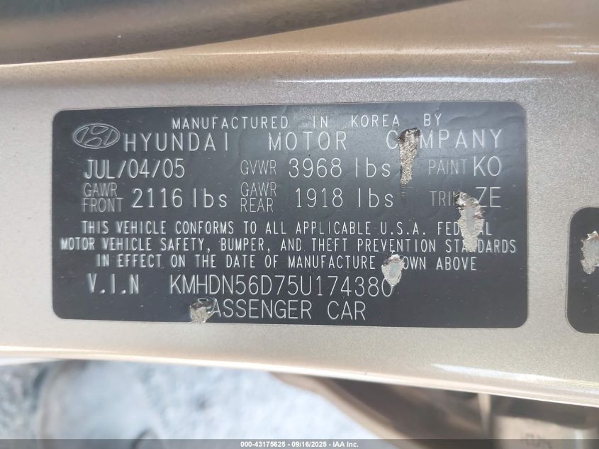 2005 Hyundai Elantra Gls/Gt VIN: KMHDN56D75U174380 Lot: 43175625