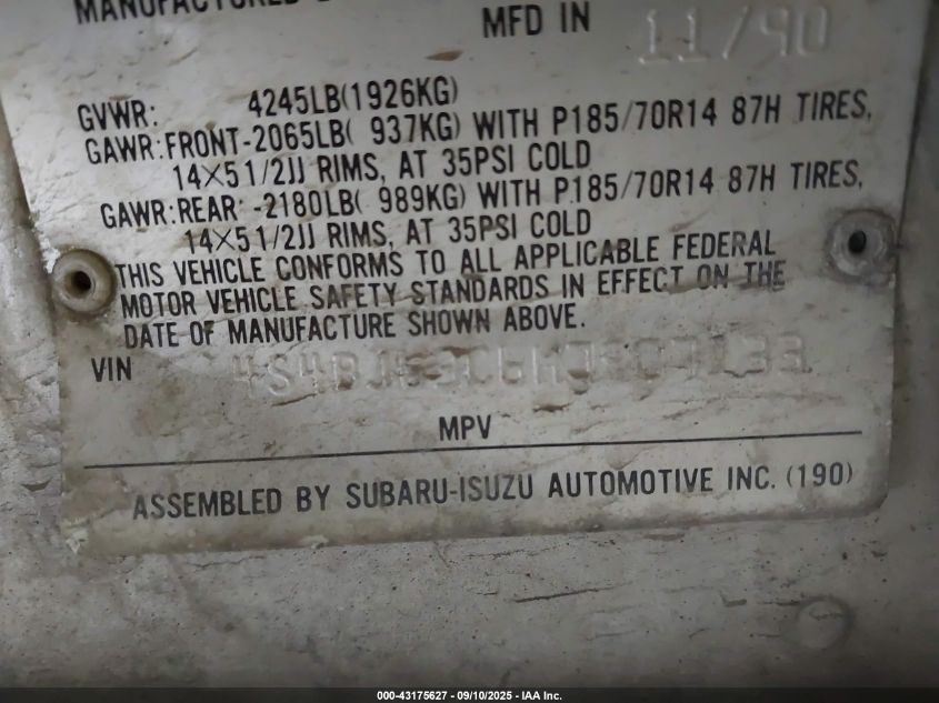 1991 Subaru Legacy L/Hx/Px/Rx VIN: 4S4BJ63C6M7907133 Lot: 43175627