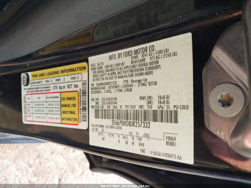 2018 Ford Fusion Se VIN: 3FA6P0HD8JR257332 Lot: 43175642