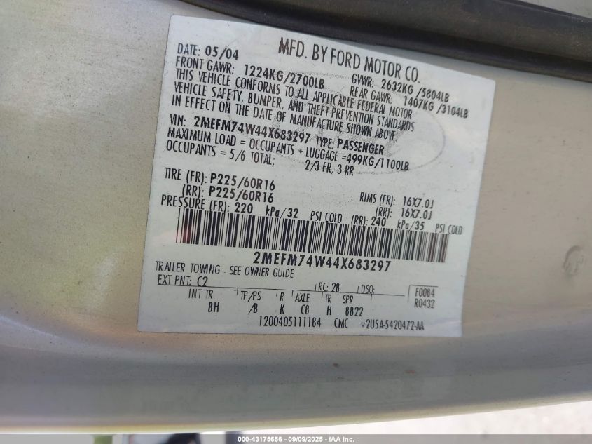 2004 Mercury Grand Marquis Gs VIN: 2MEFM74W44X683297 Lot: 43175656