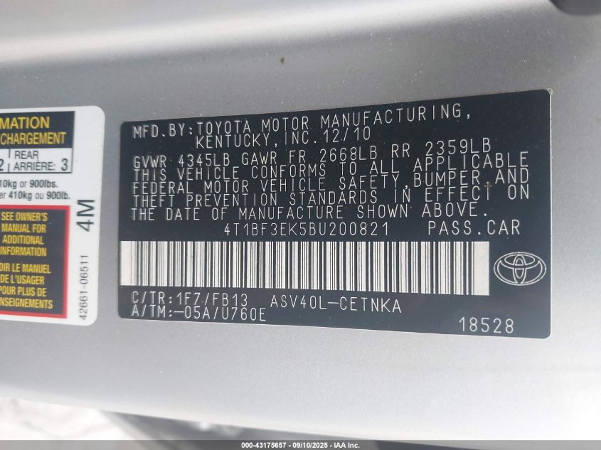 2011 Toyota Camry Le VIN: 4T1BF3EK5BU200821 Lot: 43175657