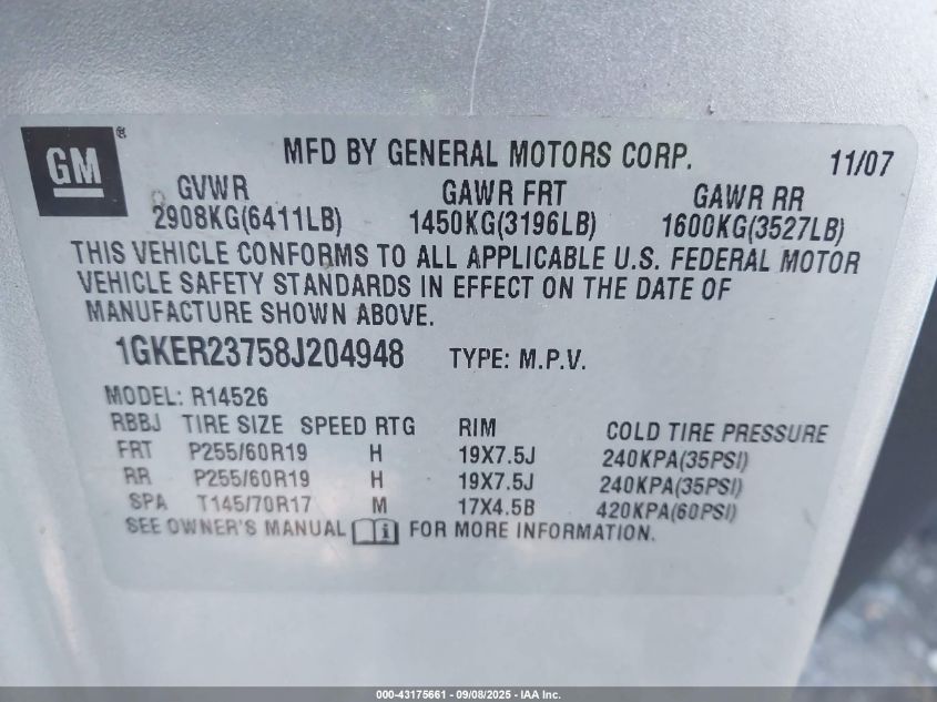 2008 GMC Acadia Slt-1 VIN: 1GKER23758J204948 Lot: 43175661