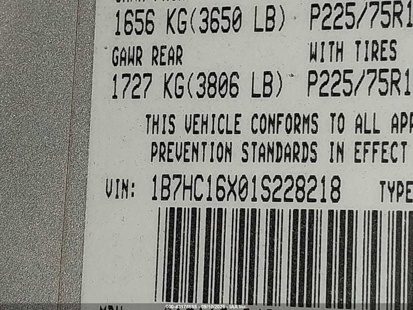 2001 Dodge Ram 1500 St/Ws VIN: 1B7HC16X01S228218 Lot: 43175665