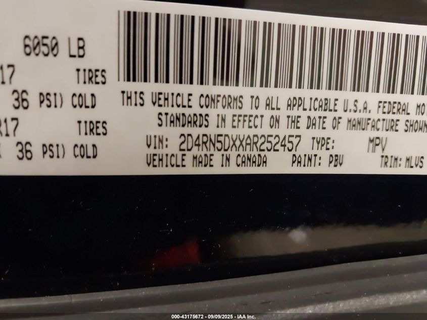 2010 Dodge Grand Caravan Sxt VIN: 2D4RN5DXXAR252457 Lot: 43175672