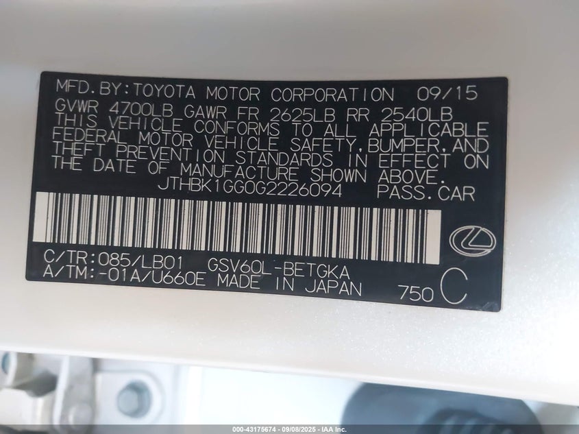 2016 LEXUS ES 350 - JTHBK1GG0G2226094