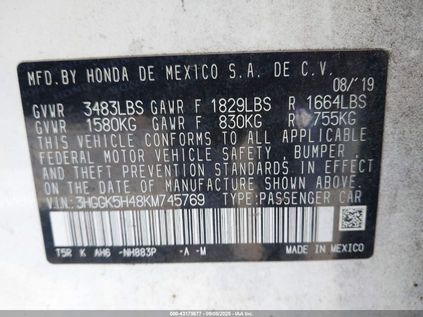 2019 Honda Fit Lx VIN: 3HGGK5H48KM745769 Lot: 43175677