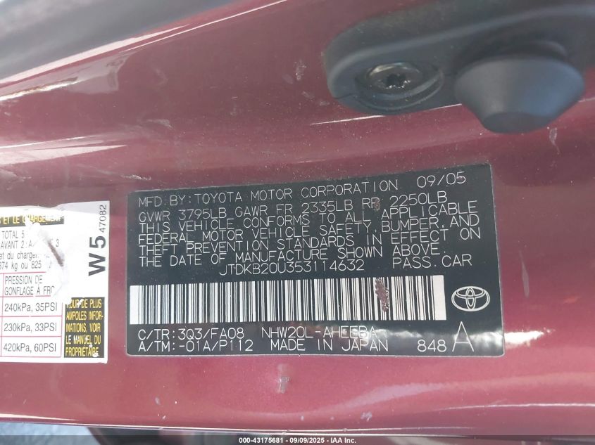 2005 Toyota Prius VIN: JTDKB20U353114632 Lot: 43175681