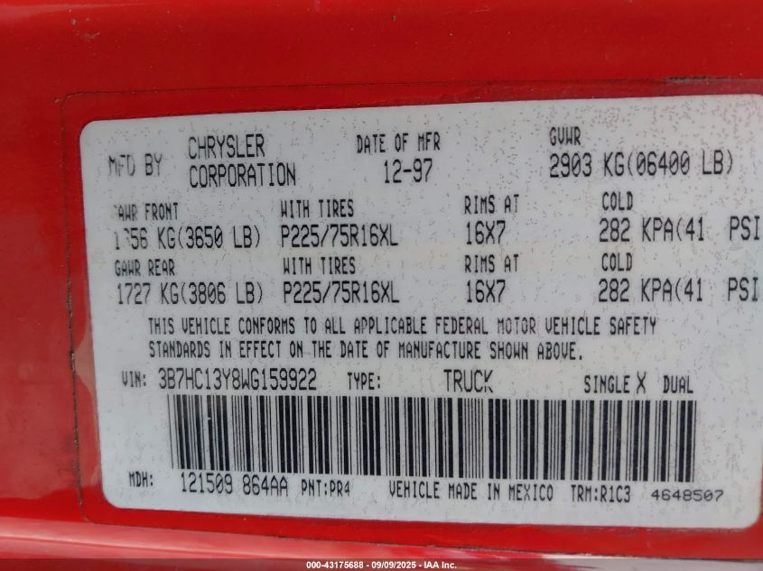 1998 Dodge Ram 1500 St VIN: 3B7HC13Y8WG159922 Lot: 43175688