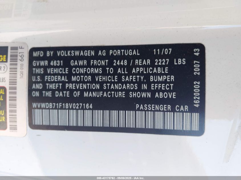 2008 Volkswagen Eos Vr6 VIN: WVWDB71F18V027164 Lot: 43175762