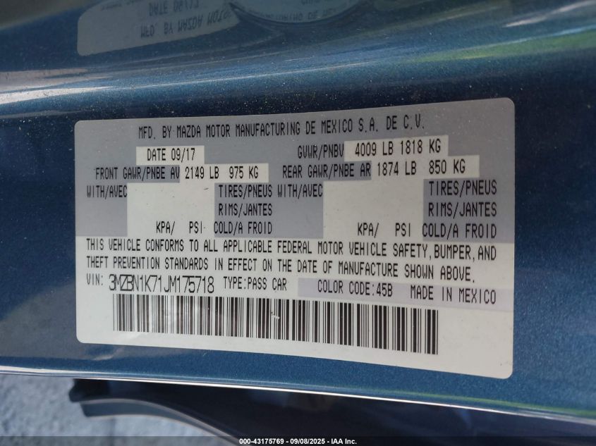 2018 Mazda Mazda3 Sport VIN: 3MZBN1K71JM175718 Lot: 43175769