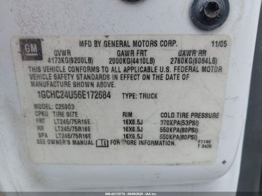 2006 Chevrolet Silverado 2500Hd Work Truck VIN: 1GCHC24U56E172684 Lot: 43175778