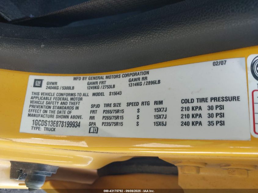 2007 Chevrolet Colorado Lt VIN: 1GCDS13E878199934 Lot: 43175792