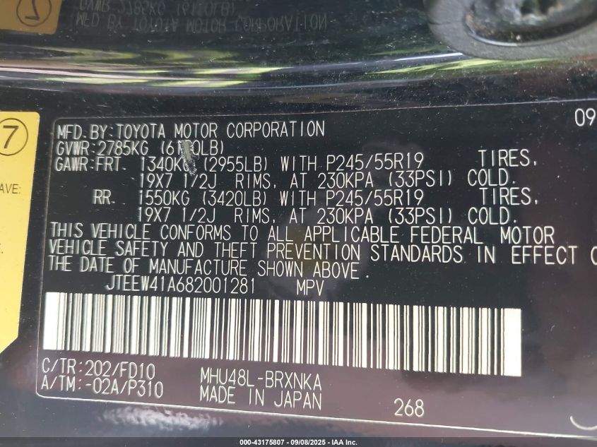 2008 Toyota Highlander Hybrid VIN: JTEEW41A682001281 Lot: 43175807