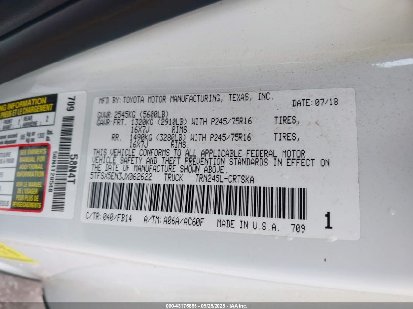 2018 Toyota Tacoma Sr VIN: 5TFSX5EN3JX062622 Lot: 43175856