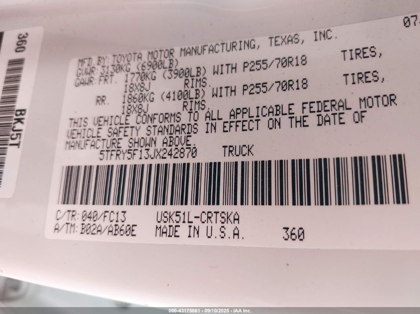 2018 Toyota Tundra Sr5 5.7L V8 VIN: 5TFRY5F13JX242870 Lot: 43175861