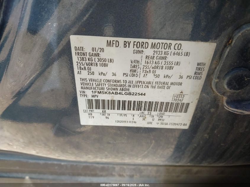 2020 Ford Police Interceptor VIN: 1FM5K8AB4LGB22544 Lot: 43175867