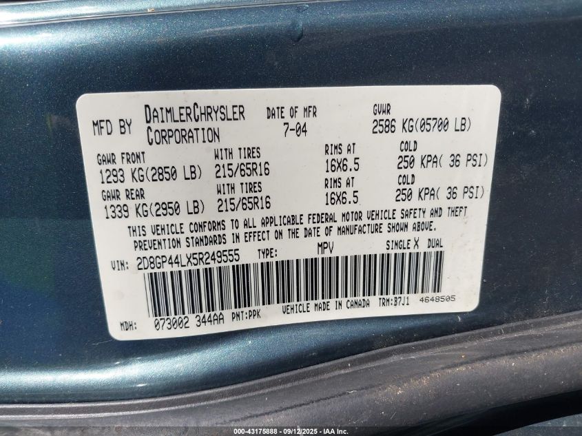 2005 Dodge Grand Caravan Sxt VIN: 2D8GP44LX5R249555 Lot: 43175888