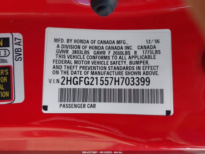 2007 Honda Civic Si VIN: 2HGFG21557H703399 Lot: 43175897