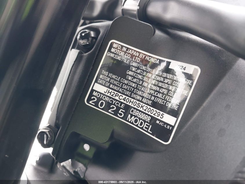 2025 Honda Cbr600 Rr VIN: JH2PC40H0SK200295 Lot: 43175903